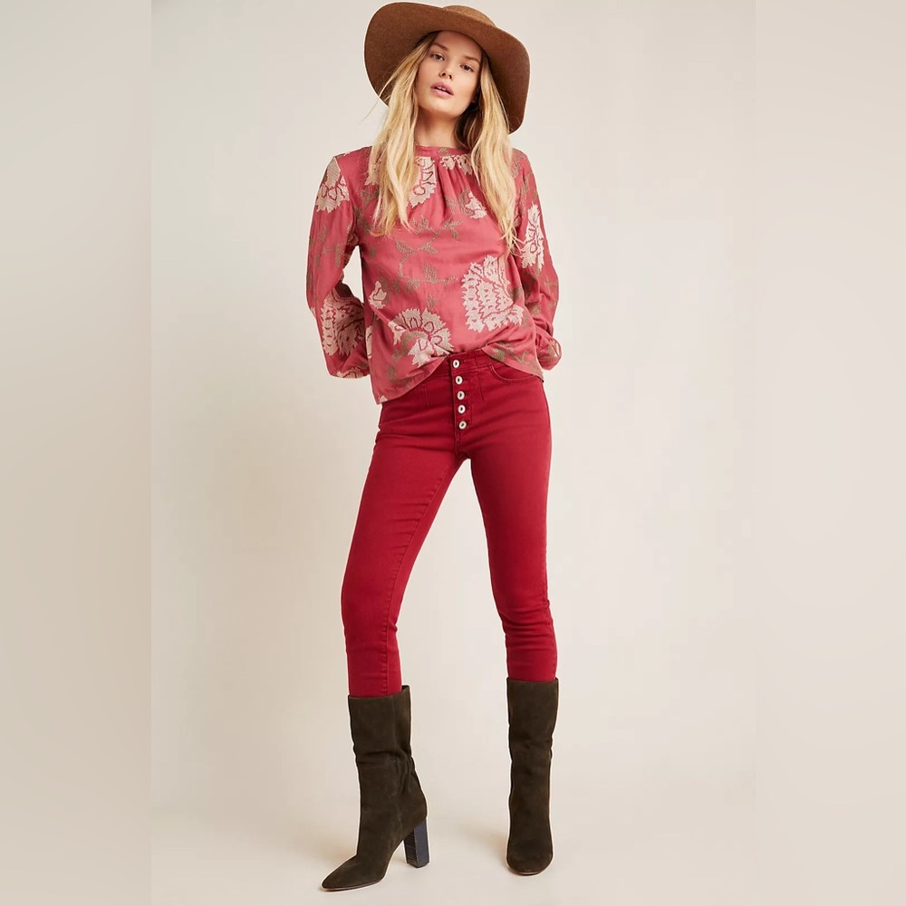 Anthropologie Pilcro Button-Fly Skinny Jeans Red 27 Holiday Christmas Festive
